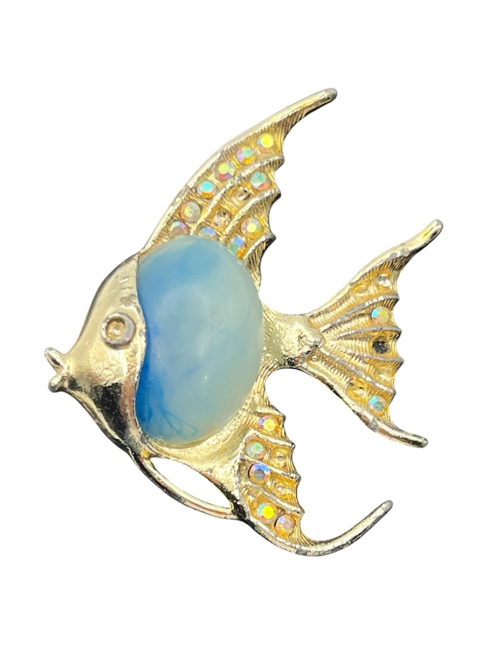 Jelly belly cabochon gold tone rhinestone angel fish tropical brooch pin vintage